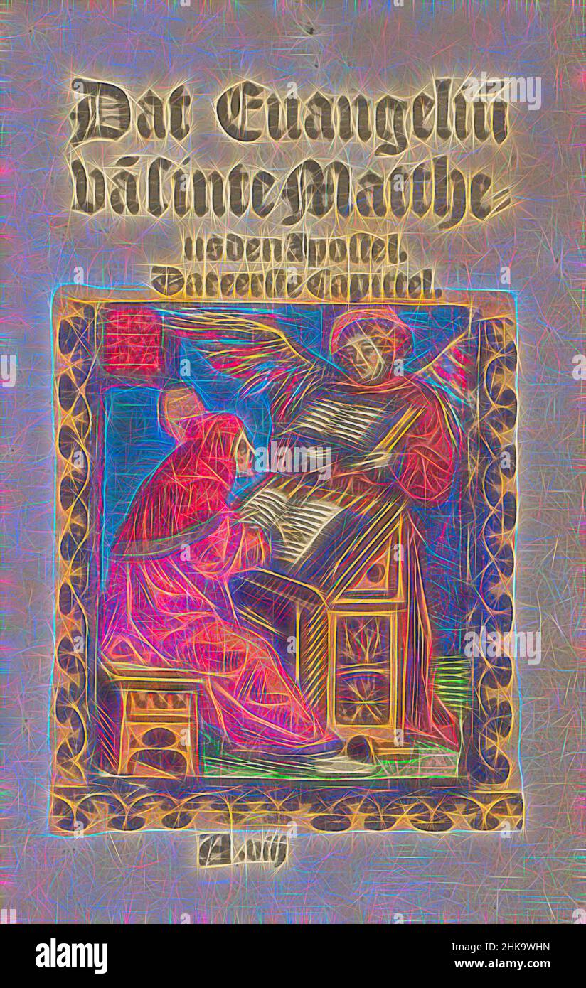 Inspired by Evangelist Matthew writes his gospel, Dat Evangelium van Sinte Mattheus den Apostel. That first Capittel, Stupid Passion, The evangelist Matthew sits at his lectern and writes the gospel. An angel shows him what to write. On verso the first part of the text of the gospel of Matthew in, Reimagined by Artotop. Classic art reinvented with a modern twist. Design of warm cheerful glowing of brightness and light ray radiance. Photography inspired by surrealism and futurism, embracing dynamic energy of modern technology, movement, speed and revolutionize culture Stock Photo