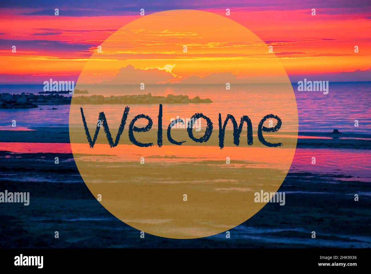 English Text Welcome. Romantic Sunset Or Sunrise At Sea Or Ocean In Sweden, Scandinavia In The Background Stock Photo