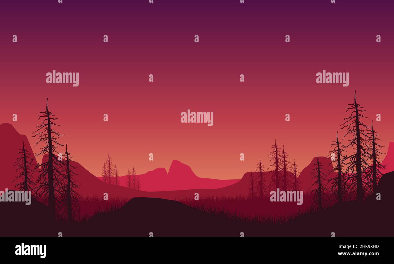 The view of the mountains with an aesthetic silhouette of dry pine ...