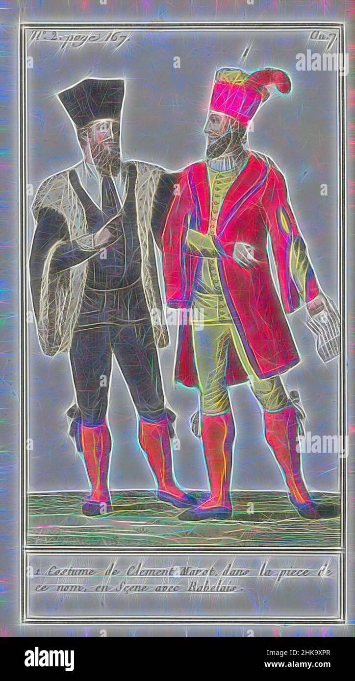 Inspired by Le Mois, Journal historique, littéraire et critique, avec figures, Tome 1, No. 2, page 167, An. 7 (1798-1799): 1. Costume de Clement Marot..., Two theatrical costumes. According to the caption: 1. Costume of Clement Marot, 'dans la piece de ce nom,' in a sçene with Rabelais. Print from, Reimagined by Artotop. Classic art reinvented with a modern twist. Design of warm cheerful glowing of brightness and light ray radiance. Photography inspired by surrealism and futurism, embracing dynamic energy of modern technology, movement, speed and revolutionize culture Stock Photo