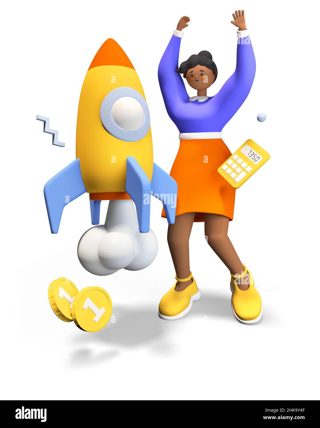 Startup launch - modern colorful 3D style illustration with cartoon character. Young African American girl happy to takeoff the rocket, which symboliz Stock Photo