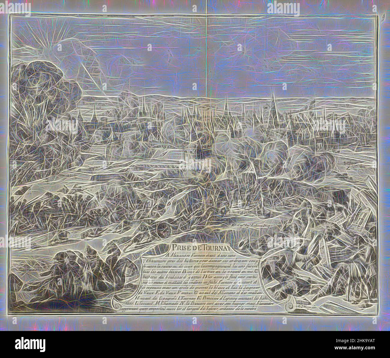 Inspired by Capture of Tournai, 1581, Prise de Tournay, Guerres de Flandres, Siege and capture of Tournai by the army of the Duke of Parma, 29 November 1581. Front right, the Duke of Parma stands miraculously unharmed among the ruins of a building. Bottom center cartouche with the title and legend A-, Reimagined by Artotop. Classic art reinvented with a modern twist. Design of warm cheerful glowing of brightness and light ray radiance. Photography inspired by surrealism and futurism, embracing dynamic energy of modern technology, movement, speed and revolutionize culture Stock Photo