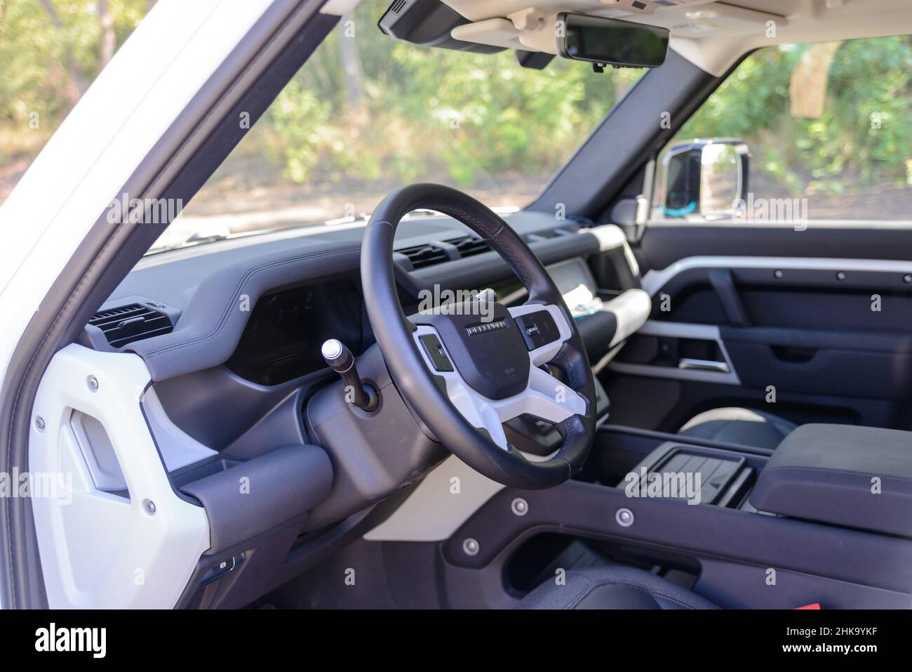 Russia, Rostovskaya oblast, 2021 June 09: Interior of Land Rover Defender is a four-wheel drive off-road SUV. It has luxury interior design. Stock Photo