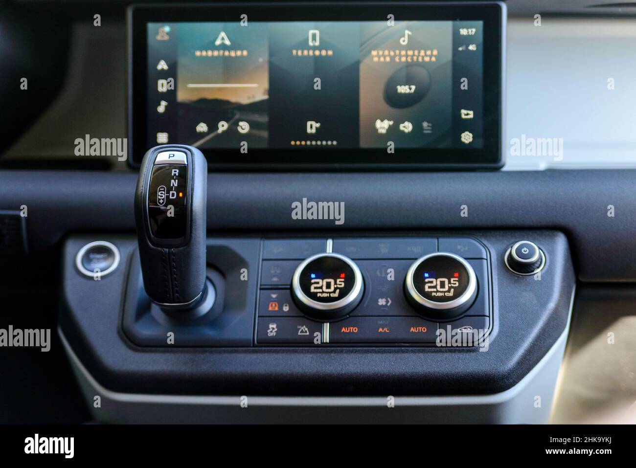 Russia, Rostovskaya oblast, 2021 June 09: : Dashboard in luxury interior design. Land Rover Defender is a four-wheel drive off-road SUV from British a Stock Photo