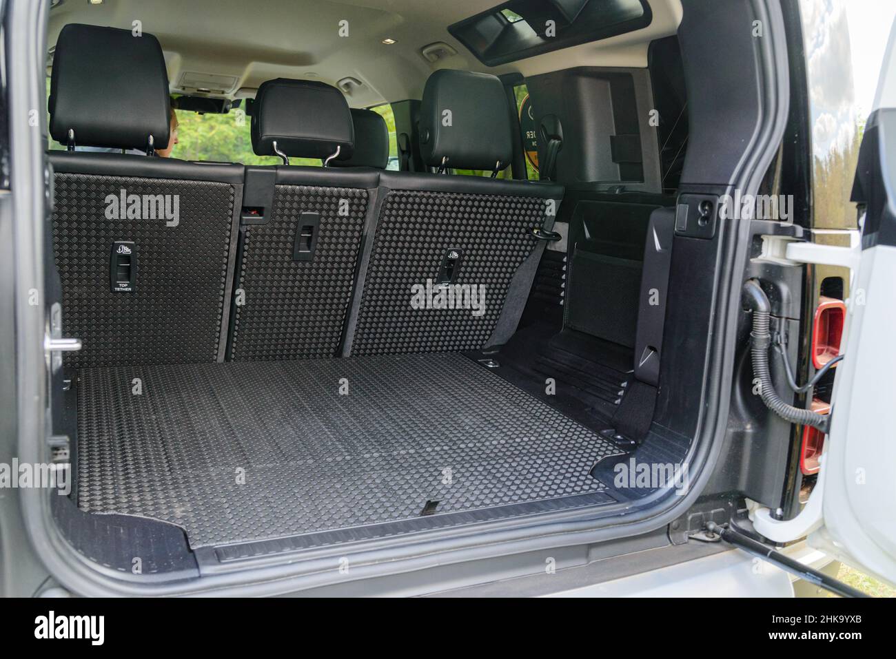 Russia, Rostovskaya oblast, 2021 June 09: Trunk interior of Land Rover Defender is a four-wheel drive off-road SUV from British automotive company Jag Stock Photo