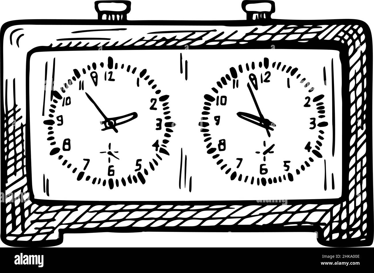 Chess clock sketch isolated. Retro watch for chess game in hand drawn