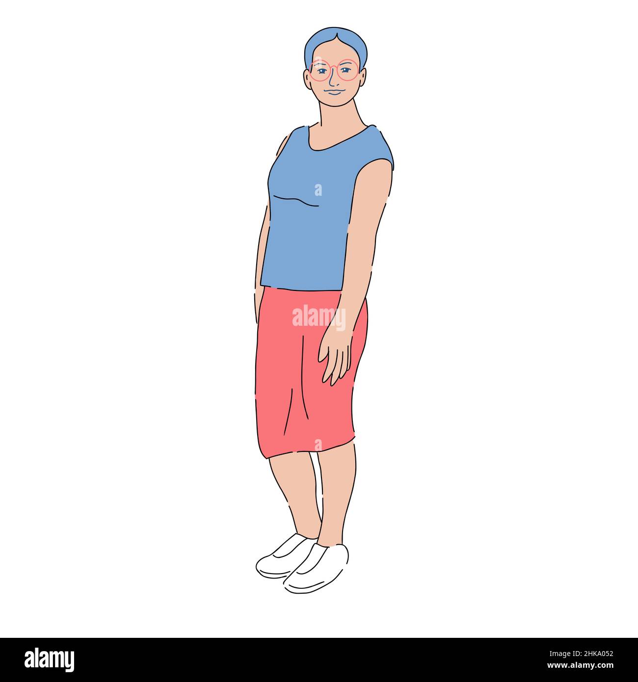 Young woman in glasses wearing casual clothes hand drawn female standing isolated in free pose vector illustration Stock Vector