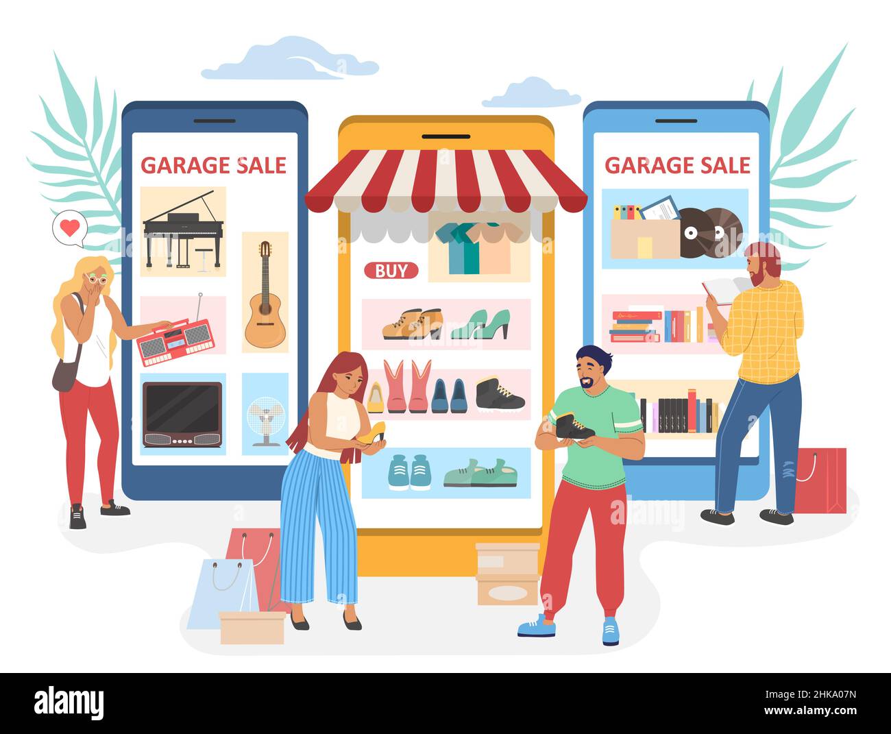 Garage sale app to shop and sell used clothes and items, vector