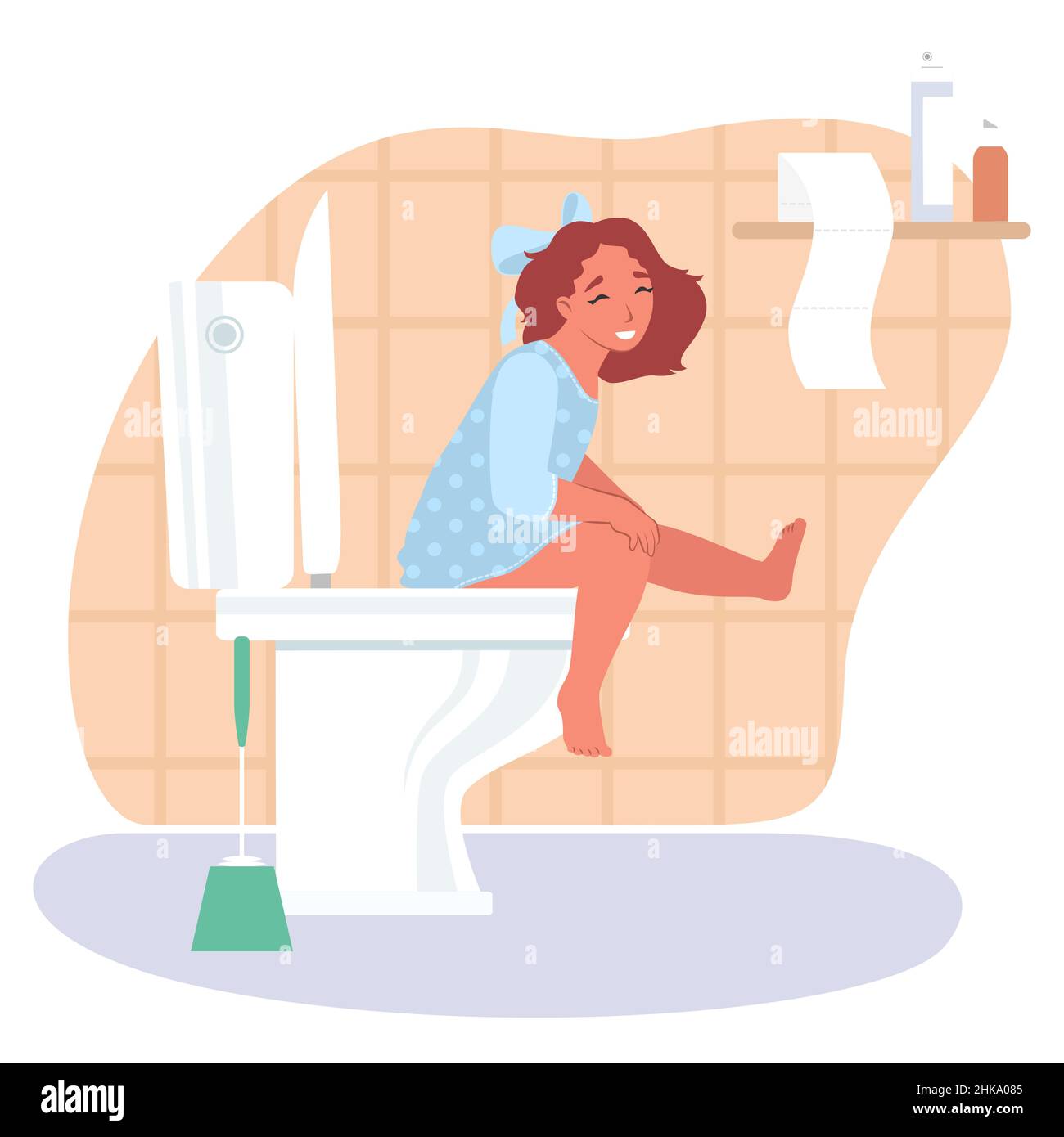 Kid girl sitting on toilet bowl, vector illustration. Toilet routine
