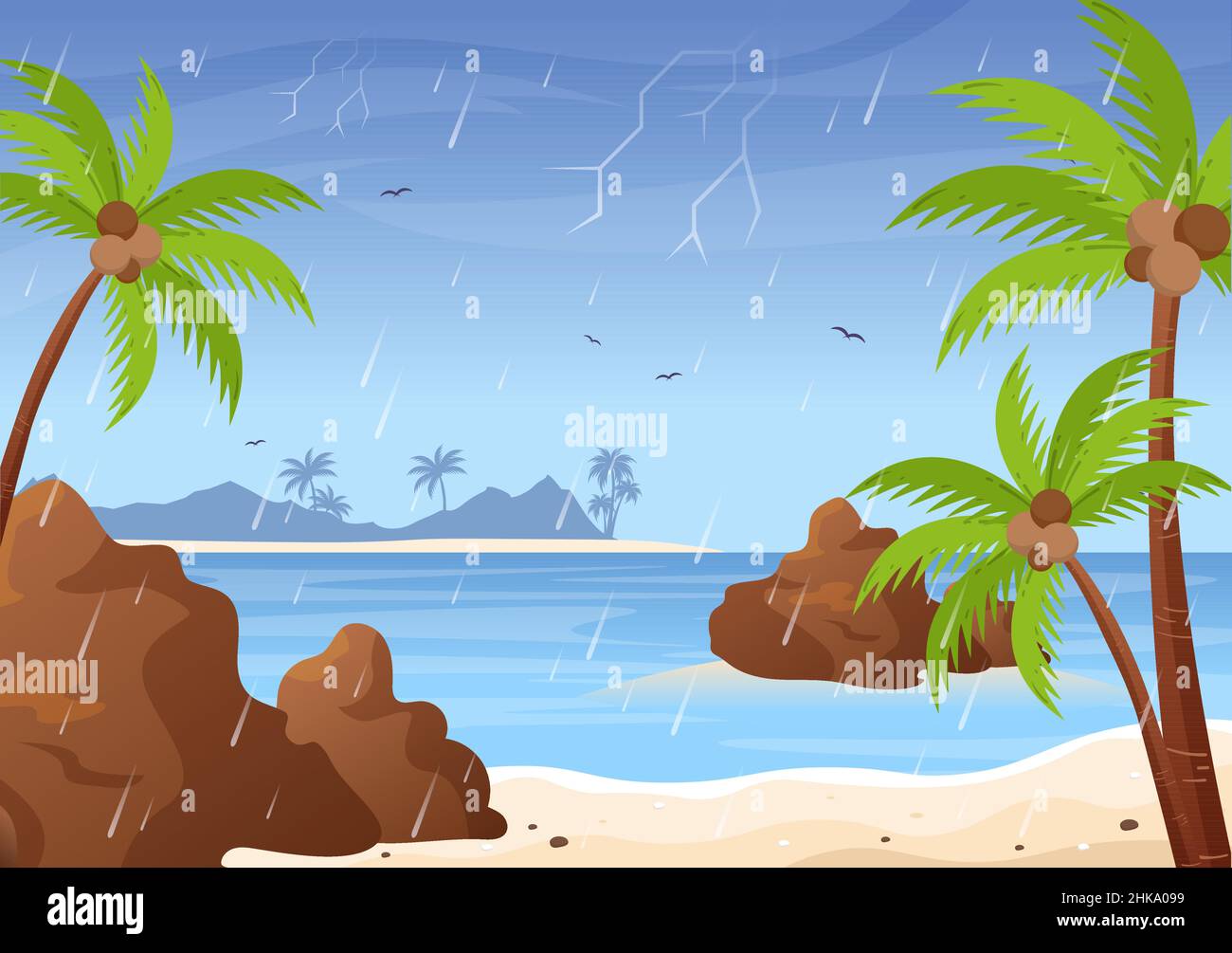 Rain Storm Background Vector Illustration with Beach Scenery when it Weather rains and Empty Public Place with Puddle for Banner or Poster Stock Vector