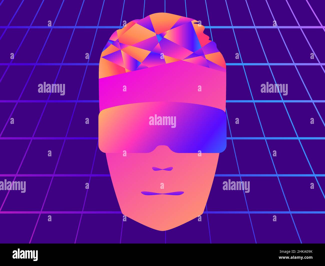 Face in virtual reality glasses in the style of the 80s. Human face in VR headset. Virtual reality glasses to access the metaverse. Synthwave and retr Stock Vector