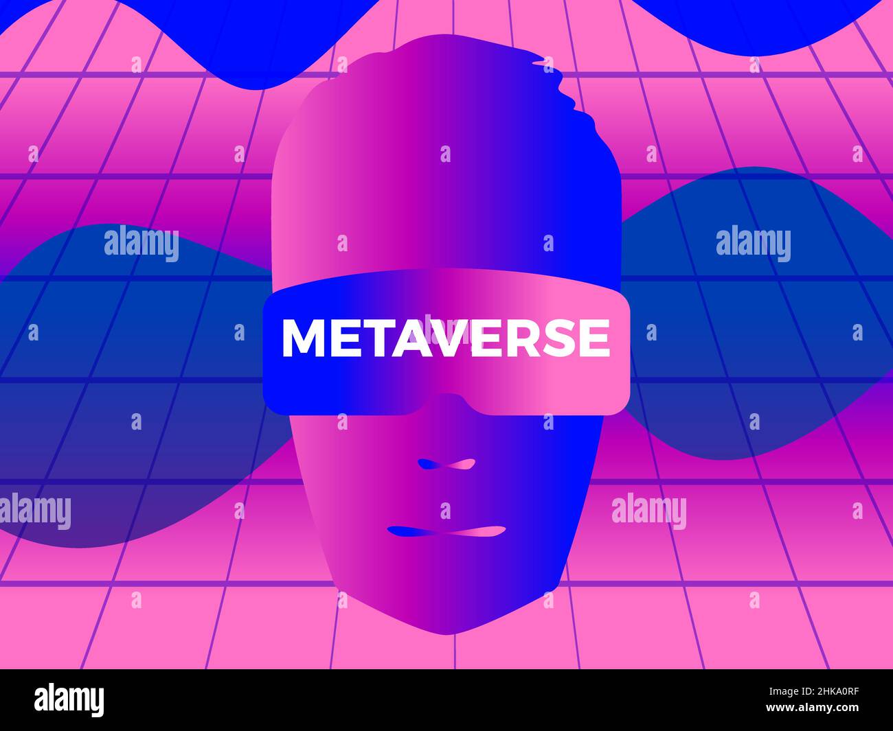 Face in virtual reality glasses in the style of the 80s. Human face in VR headset. Virtual reality glasses to access the metaverse. Synthwave and retr Stock Vector