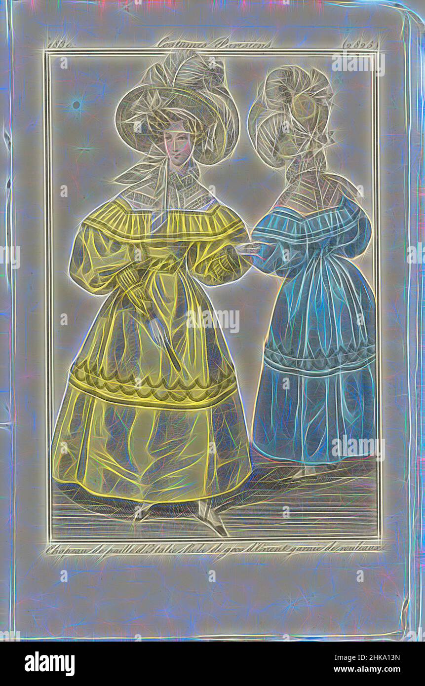 Inspired by Journal des Dames et des Modes 1830, Costumes Parisiens (2825), Chapeau de Paille d'Italie...., print maker:, 1830, paper, etching, Reimagined by Artotop. Classic art reinvented with a modern twist. Design of warm cheerful glowing of brightness and light ray radiance. Photography inspired by surrealism and futurism, embracing dynamic energy of modern technology, movement, speed and revolutionize culture Stock Photo