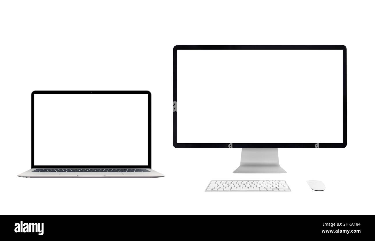 Laptop and computer display isolated in white with blank screen for mockupp, design promotion Stock Photo