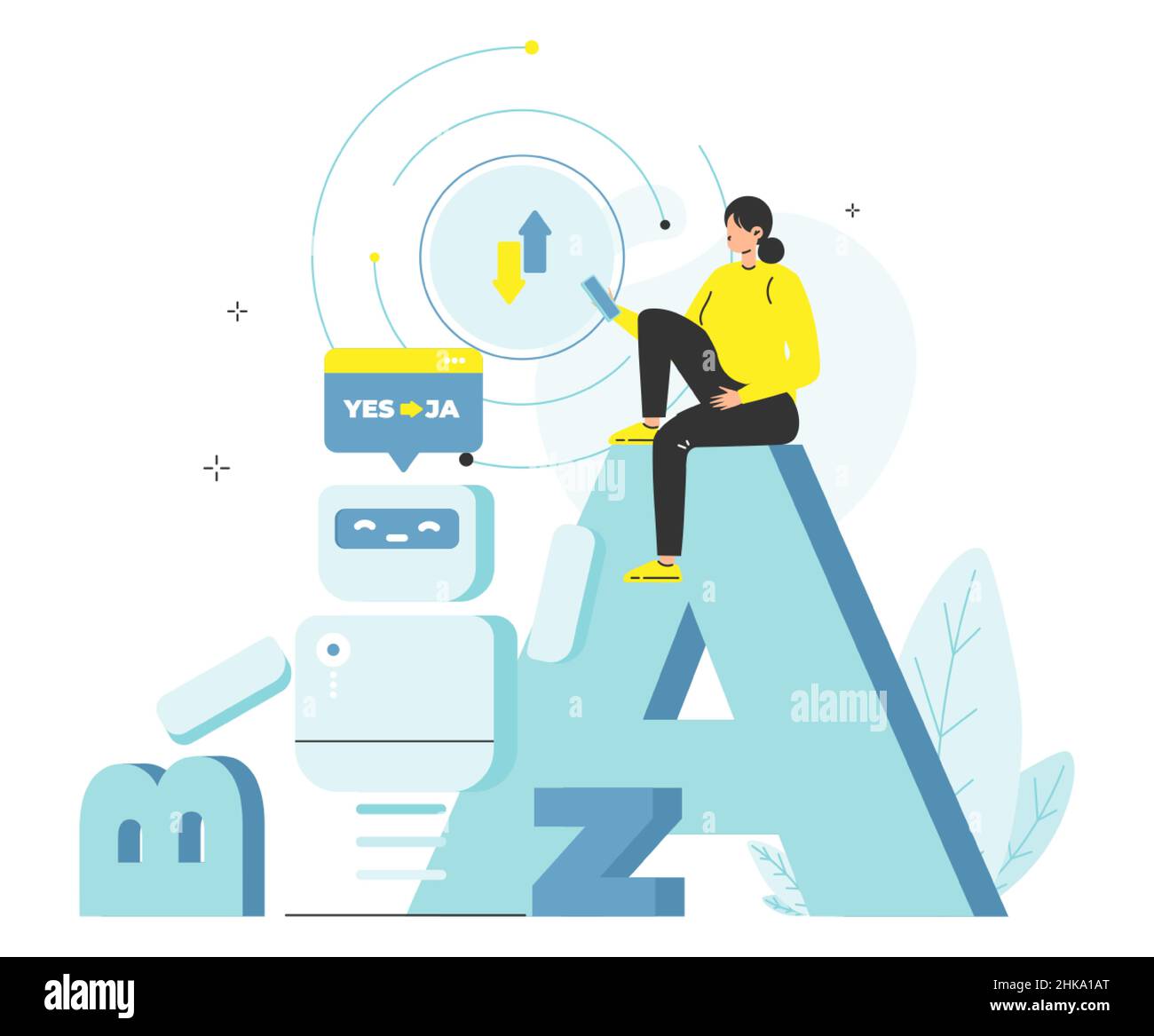Woman using AI chatbot translator, flat vector illustration. Artificial intelligence foreign languages translation, online support. Stock Vector