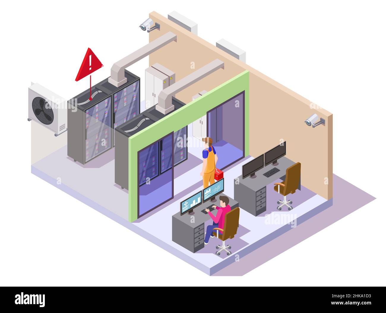 Data center or server room with server racks and computer operator ...