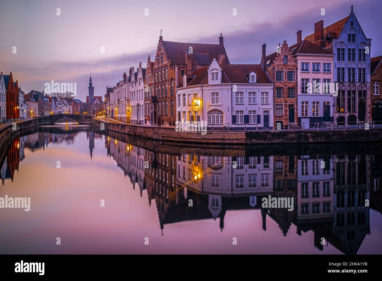 Dramatic sunset with trails of lights on the old, historic streets and canals of the city of Bruges. Photo taken on 24th of January 2022 in Bruges, Pr Stock Photo