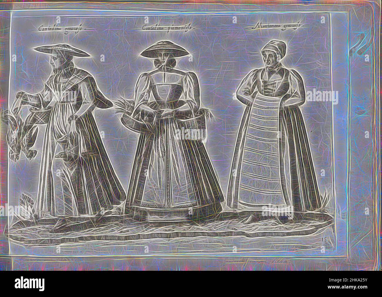 Inspired by Three women in rural dress from Italy, ca. 1580, Contadina genovese, Contadina piamontese, Mantanara genovese, On the left a peasant woman wearing a flat hat, walking to the left, a basket of eggs on her arm, chickens and and duck in hand. In the center, a peasant woman from iemonte, seen, Reimagined by Artotop. Classic art reinvented with a modern twist. Design of warm cheerful glowing of brightness and light ray radiance. Photography inspired by surrealism and futurism, embracing dynamic energy of modern technology, movement, speed and revolutionize culture Stock Photo