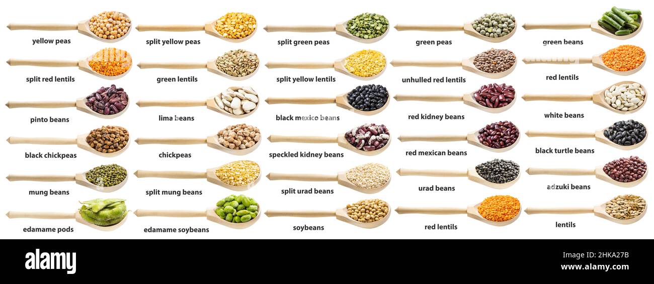 set of various beans, peas and lentils with names in wood spoons