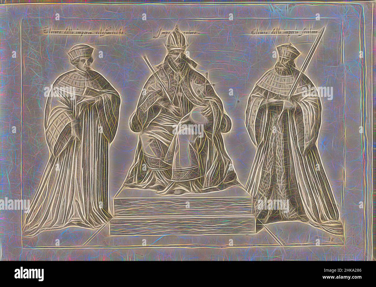 Inspired by An emperor on his throne, flanked by a secular and an ecclesiastical prelate.Eletore dello imperio eclesiastiche, Imperator, Eletore dello imperio secolare, Print from album 'Dei veri ritratti degl'habiti di tvtte le parti del mondo intagliati in rame per opra di Bartolomeo Grassi', 1585, Reimagined by Artotop. Classic art reinvented with a modern twist. Design of warm cheerful glowing of brightness and light ray radiance. Photography inspired by surrealism and futurism, embracing dynamic energy of modern technology, movement, speed and revolutionize culture Stock Photo