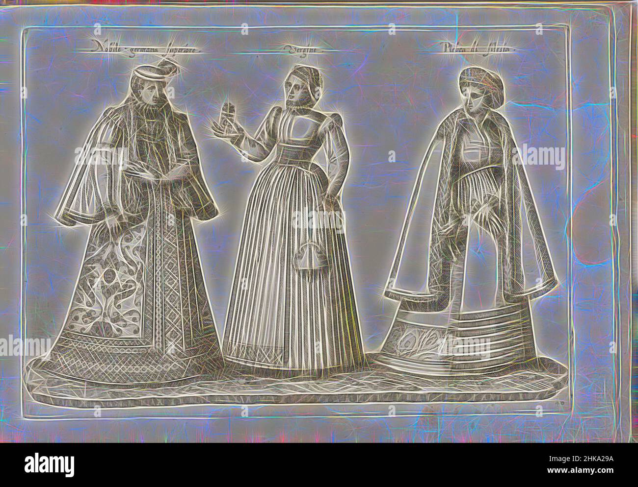 Inspired by Three women dressed according to the German fashion of ca. 1580, Nobile germana superiore, Vergine, Plebea di Silesia, Print from album 'Dei veri ritratti degl'habiti di tvtte le parti del mondo intagliati in rame per opra di Bartolomeo Grassi', 1585., publisher: Bartolomeo Grassi, in or, Reimagined by Artotop. Classic art reinvented with a modern twist. Design of warm cheerful glowing of brightness and light ray radiance. Photography inspired by surrealism and futurism, embracing dynamic energy of modern technology, movement, speed and revolutionize culture Stock Photo