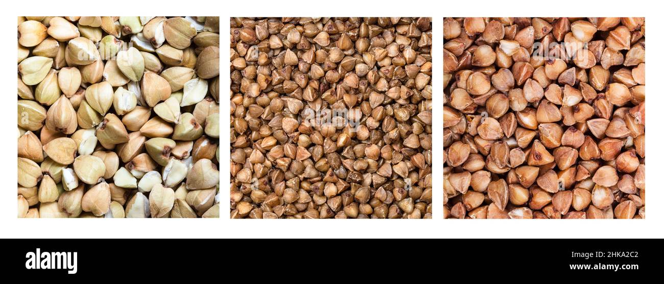set of square food background - various buckwheat groats close up Stock Photo