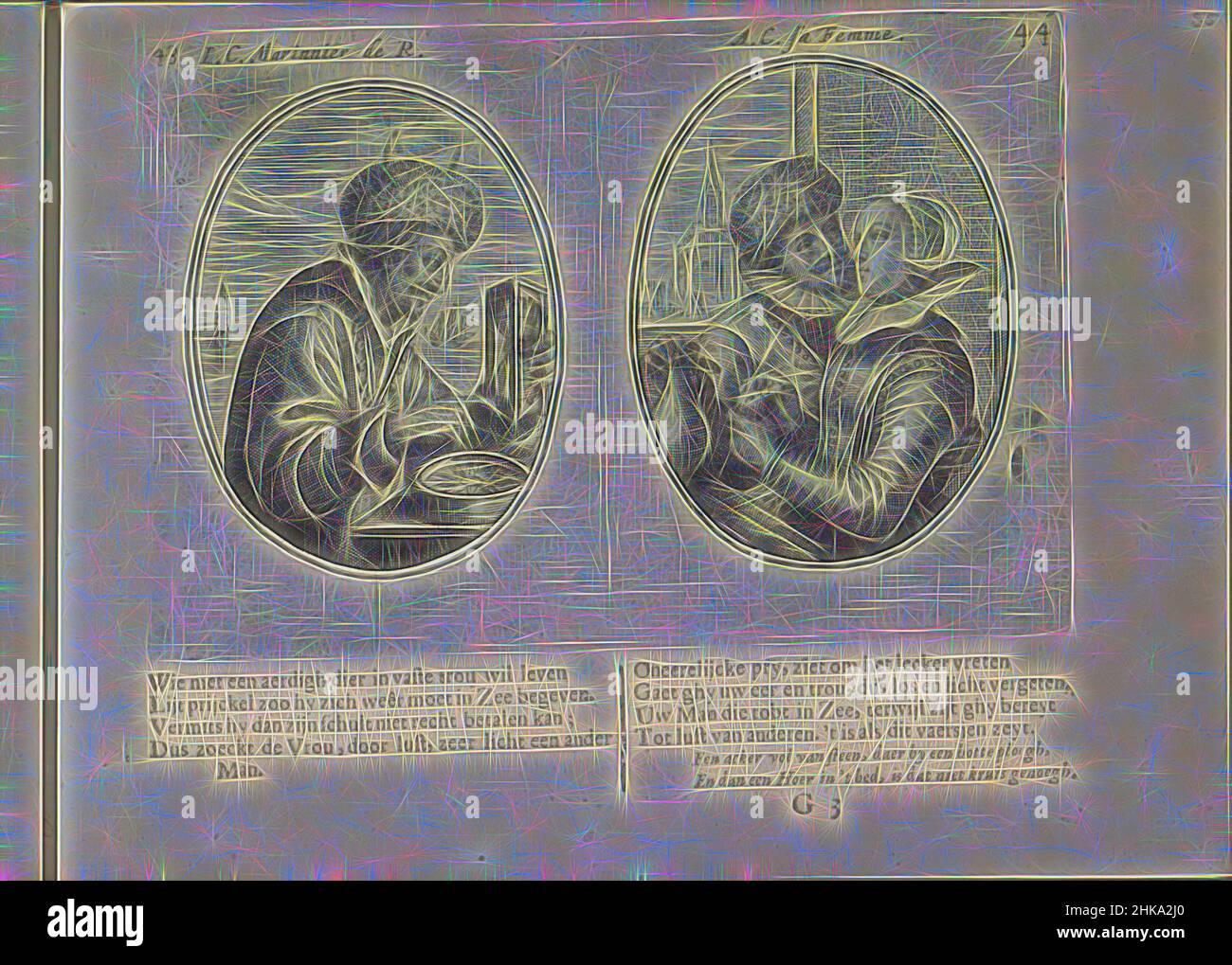 Inspired by Ensign and his wife, J.C. Marinnier de R., A.C. sa femme, Les abus du mariage, Two representations on an album leaf. On the left a helmsman with an hourglass and compass. In the background the sea and some ships. On the right his wife is sitting next to another man. His hand on a vase, Reimagined by Artotop. Classic art reinvented with a modern twist. Design of warm cheerful glowing of brightness and light ray radiance. Photography inspired by surrealism and futurism, embracing dynamic energy of modern technology, movement, speed and revolutionize culture Stock Photo