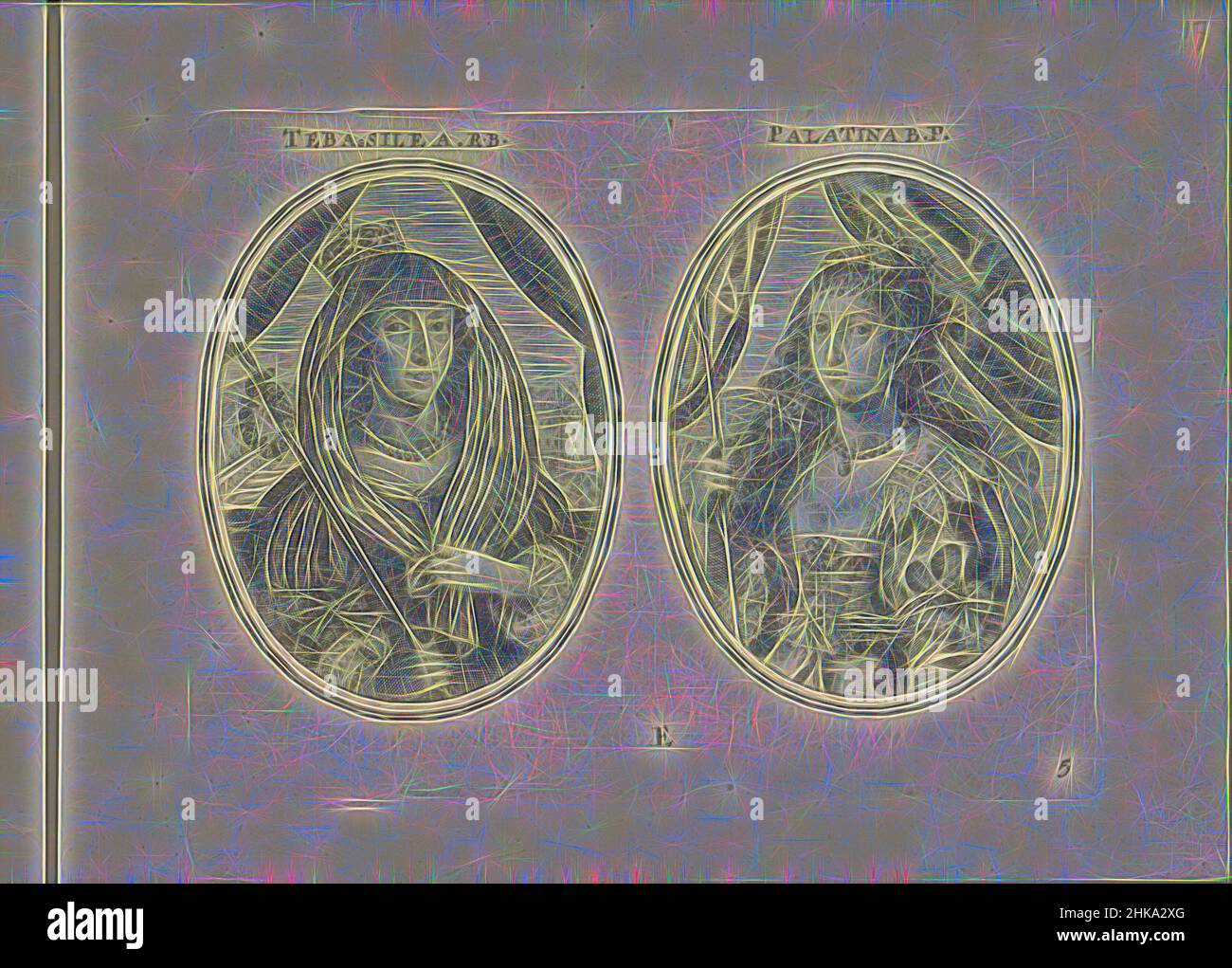 Inspired by Portraits of Elisabeth Stuart and Louisa Juliana, both as shepherdesses, Tebassilea R.B., Palatina B.P., Les vrais pourtraits de quelques unes des plus grandes dames de la chrestiente desguisees en bergeres., Two representations on an album leaf. On the left, portrait Elisabeth Stuart of, Reimagined by Artotop. Classic art reinvented with a modern twist. Design of warm cheerful glowing of brightness and light ray radiance. Photography inspired by surrealism and futurism, embracing dynamic energy of modern technology, movement, speed and revolutionize culture Stock Photo