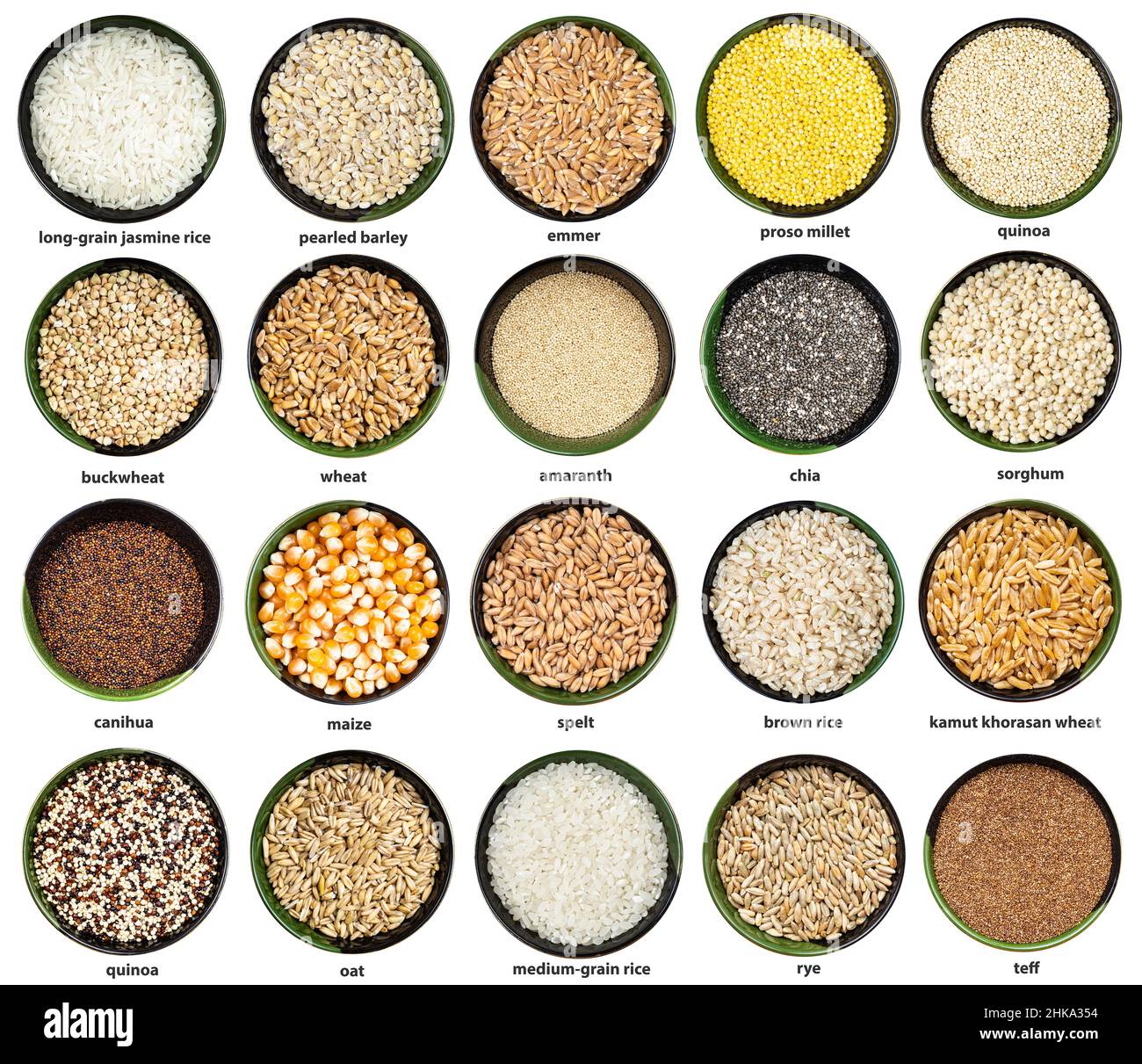 set of various grains in bowls