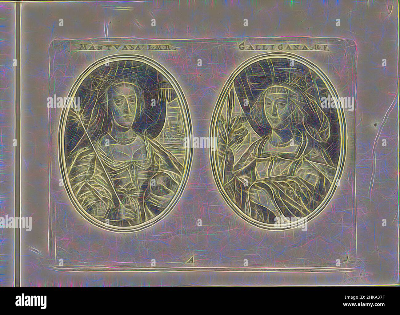 Inspired by Portraits of Eleanor of Mantua and Anna of Austria, both as shepherdesses, Mantuana I.M.R., Galligana R.F., Les vrais pourtraits de quelques unes des plus grandes dames de la chrestiente desguisees en bergeres., Two representations on an album leaf. On the left, the portrait of Eleanor of, Reimagined by Artotop. Classic art reinvented with a modern twist. Design of warm cheerful glowing of brightness and light ray radiance. Photography inspired by surrealism and futurism, embracing dynamic energy of modern technology, movement, speed and revolutionize culture Stock Photo