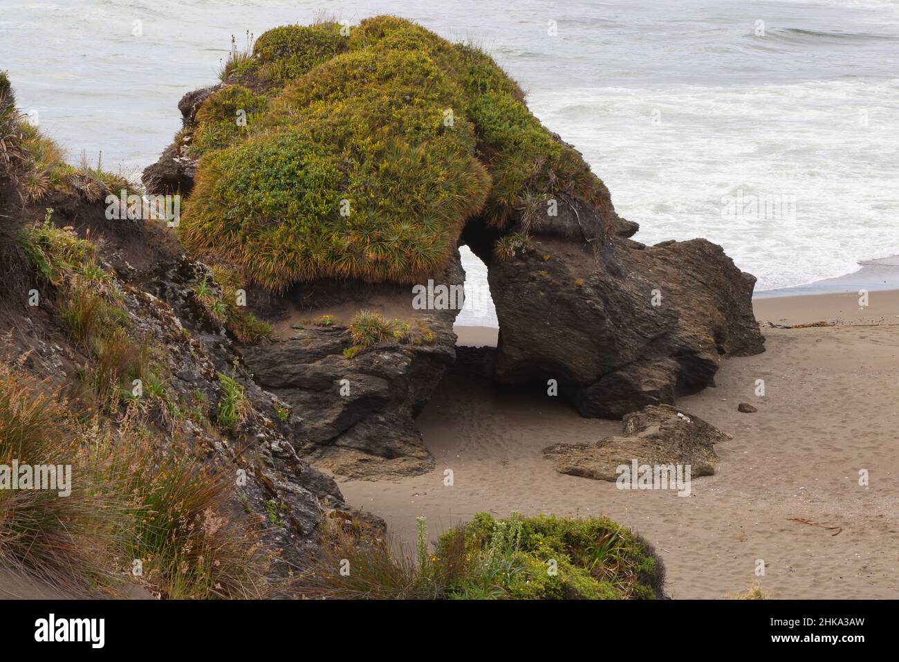 Curious rock formation on the shores of the ocean in Chiloe Island ...
