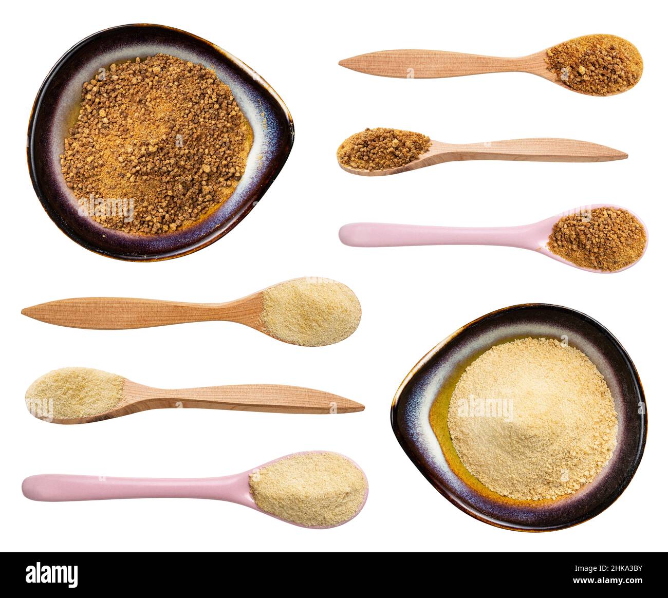 set of various coconut sugars isolated on white background Stock Photo