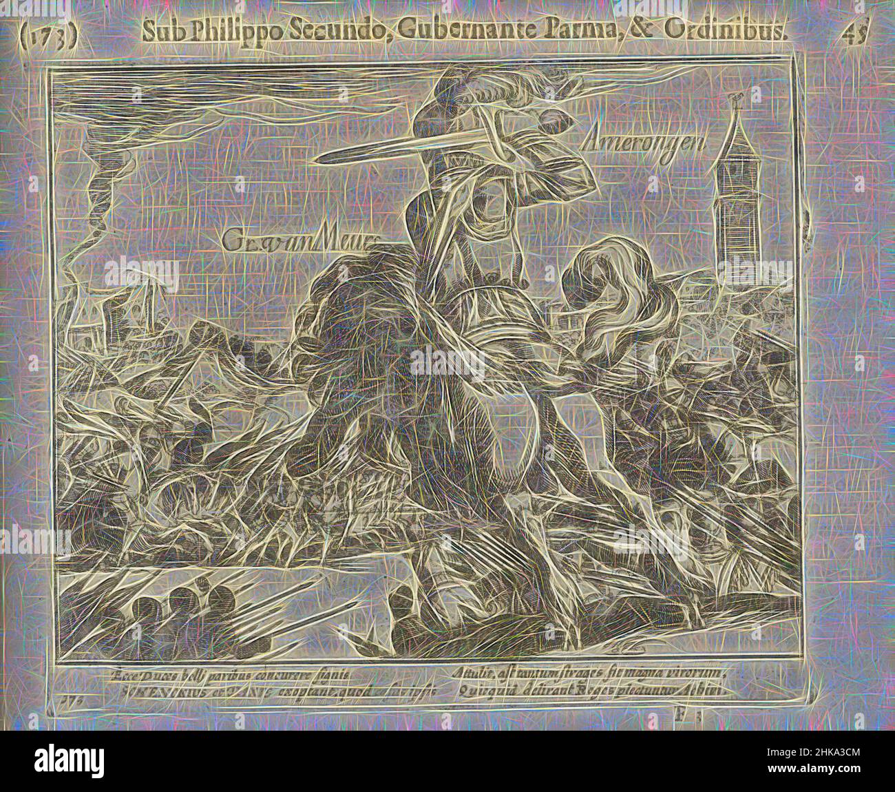 Inspired by Defeat of Adolf, Count of Nieuwenaar and Meurs and Maarten Schenck at Amerongen, 1585, Defeat of Adolf, Count of Nieuwenaar and Meurs and Maarten Schenck at the lock at Amerongen, June 23, 1585. Episode from the Cologne War. With caption of 4 lines in Latin. Numbered: 173. Printed on, Reimagined by Artotop. Classic art reinvented with a modern twist. Design of warm cheerful glowing of brightness and light ray radiance. Photography inspired by surrealism and futurism, embracing dynamic energy of modern technology, movement, speed and revolutionize culture Stock Photo