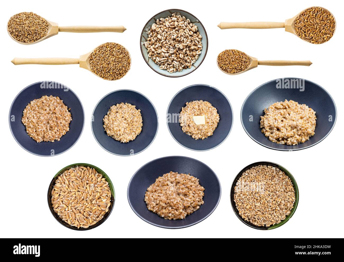 set of various cooked and raw emmer wheat grains isolated on white background Stock Photo
