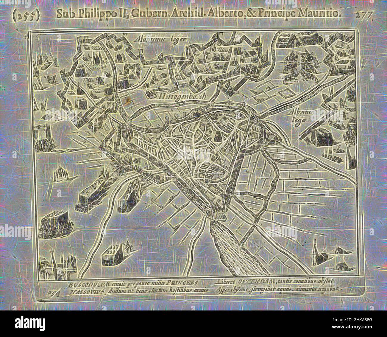 Inspired by s-Hertogenbosch besieged by Maurice, 1601, 's-Hertogenbosch unsuccessfully besieged by Maurice, November 1601. Plan of the city with surroundings and the location of the troops of Maurice and Albrecht. With 4-line caption in Latin. Numbered 254. Printed on reverse with text in Latin, Reimagined by Artotop. Classic art reinvented with a modern twist. Design of warm cheerful glowing of brightness and light ray radiance. Photography inspired by surrealism and futurism, embracing dynamic energy of modern technology, movement, speed and revolutionize culture Stock Photo