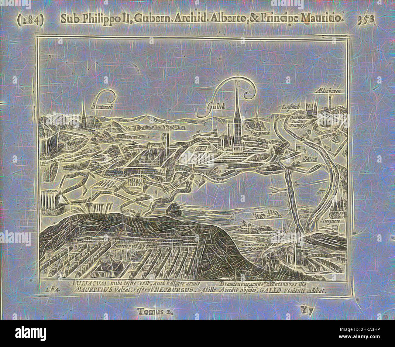 Inspired by Prince Maurice besieging Gulik, 1610, Prince Maurice besieging Gulik, 1610. In the foreground Maurice's army camp, top left the quarter of the Prince of Anhalt. Also with some neighboring villages. With caption of 4 lines in Latin. Numbered: 284. Printed on reverse with text in Latin, Reimagined by Artotop. Classic art reinvented with a modern twist. Design of warm cheerful glowing of brightness and light ray radiance. Photography inspired by surrealism and futurism, embracing dynamic energy of modern technology, movement, speed and revolutionize culture Stock Photo