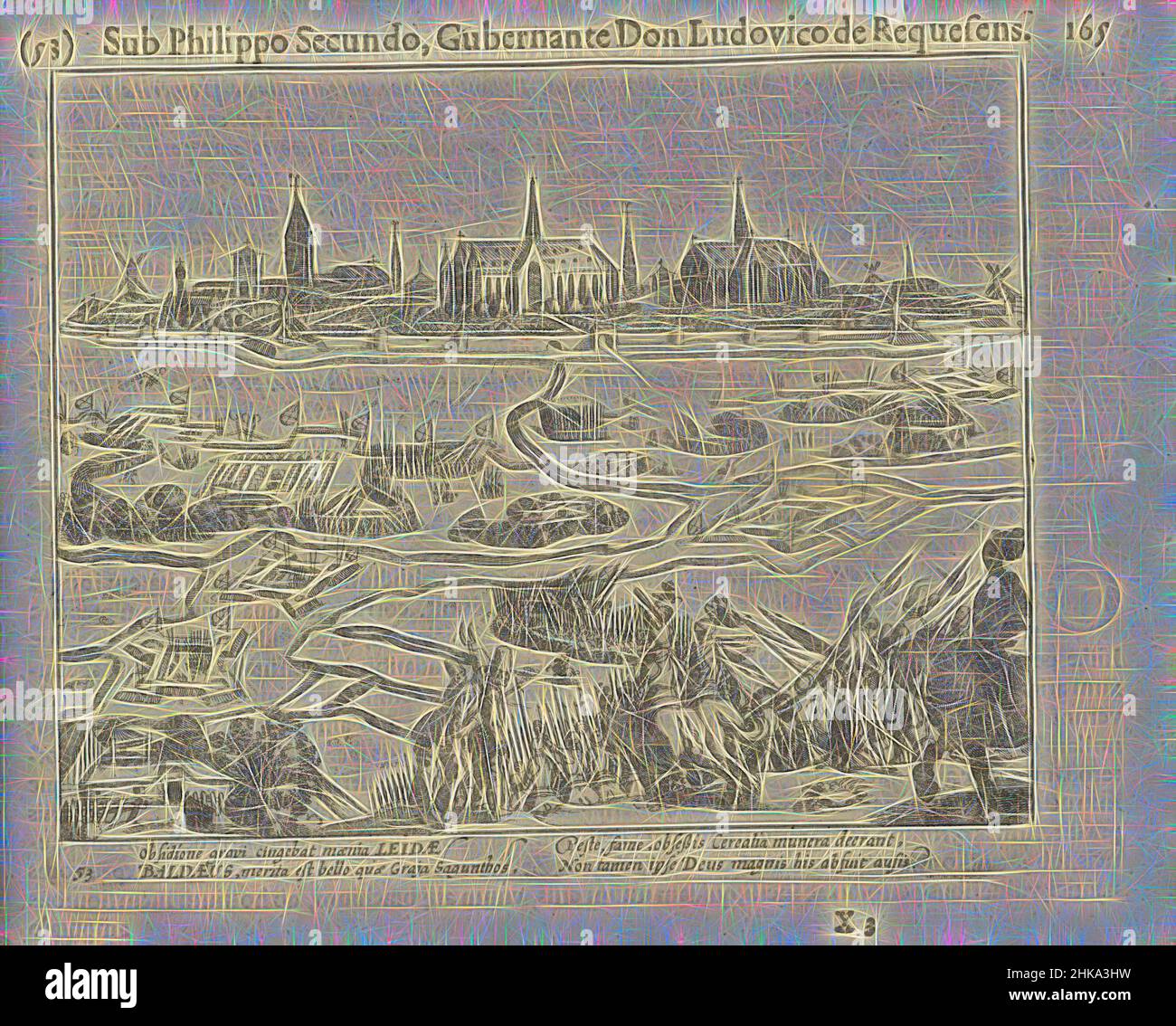 Inspired by Siege of Leiden, 1574, The siege of Leiden, 1574. In the foreground Spanish troops advancing towards the entrenchments of the besieged city. In the distance the profile of the city in which the churches are shown conspicuously large. With 4-line caption in Latin. Numbered: 53. Printed on, Reimagined by Artotop. Classic art reinvented with a modern twist. Design of warm cheerful glowing of brightness and light ray radiance. Photography inspired by surrealism and futurism, embracing dynamic energy of modern technology, movement, speed and revolutionize culture Stock Photo