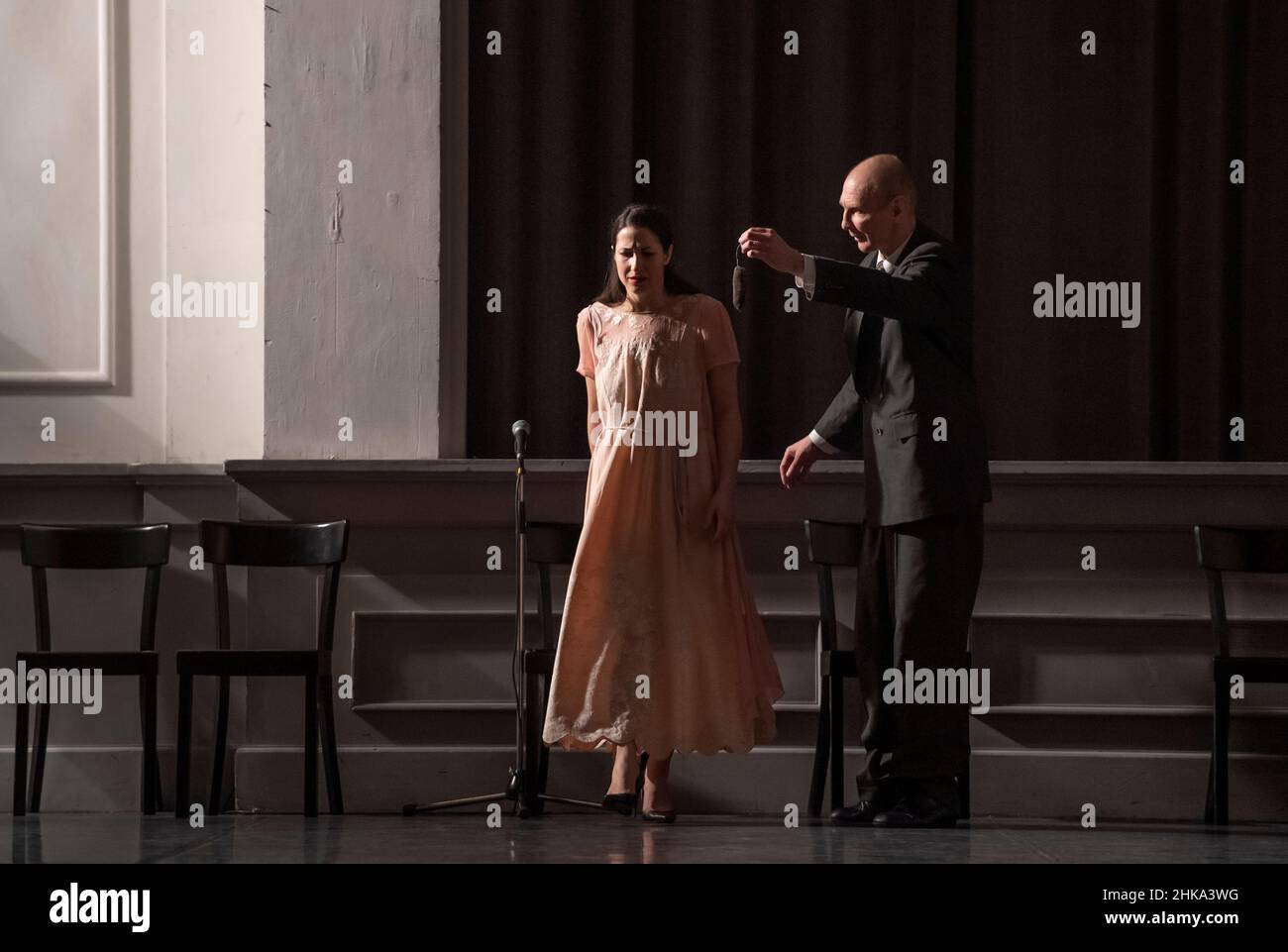 Sadler’s Wells, London, UK. 2 February 2022. Originally premiered in 1978, Tanztheater Wuppertal Pina Bausch present Pina Bausch’s powerful seminal work Kontakthof at Sadler’s Wells from 3rd–6th February 2022. It evokes longing and misguided desires. The piece is brought to life by a group of dancers, playing out first encounters, courtship and uncertain romance. (Image for press use only - see Additional Info). Image: Ekaterina Shushakova. Credit: Malcolm Park/Alamy Live News. Stock Photo