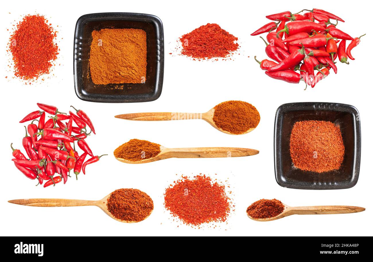 set of various paprika powder isolated on white background Stock Photo