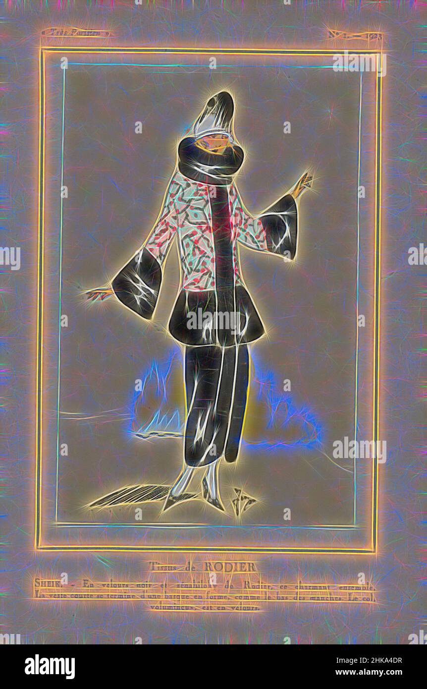 Inspired by Très Parisien, 1923, No 1: Tissus de RODIER..., 'Charming ensemble' of black velvet with voluminous turtleneck by Rodier. Print from the fashion magazine Très Parisien (1920-1936)., print maker:, Rodier, Paris, 1923, paper, letterpress printing, height 269 mm × width 180 mm, Reimagined by Artotop. Classic art reinvented with a modern twist. Design of warm cheerful glowing of brightness and light ray radiance. Photography inspired by surrealism and futurism, embracing dynamic energy of modern technology, movement, speed and revolutionize culture Stock Photo