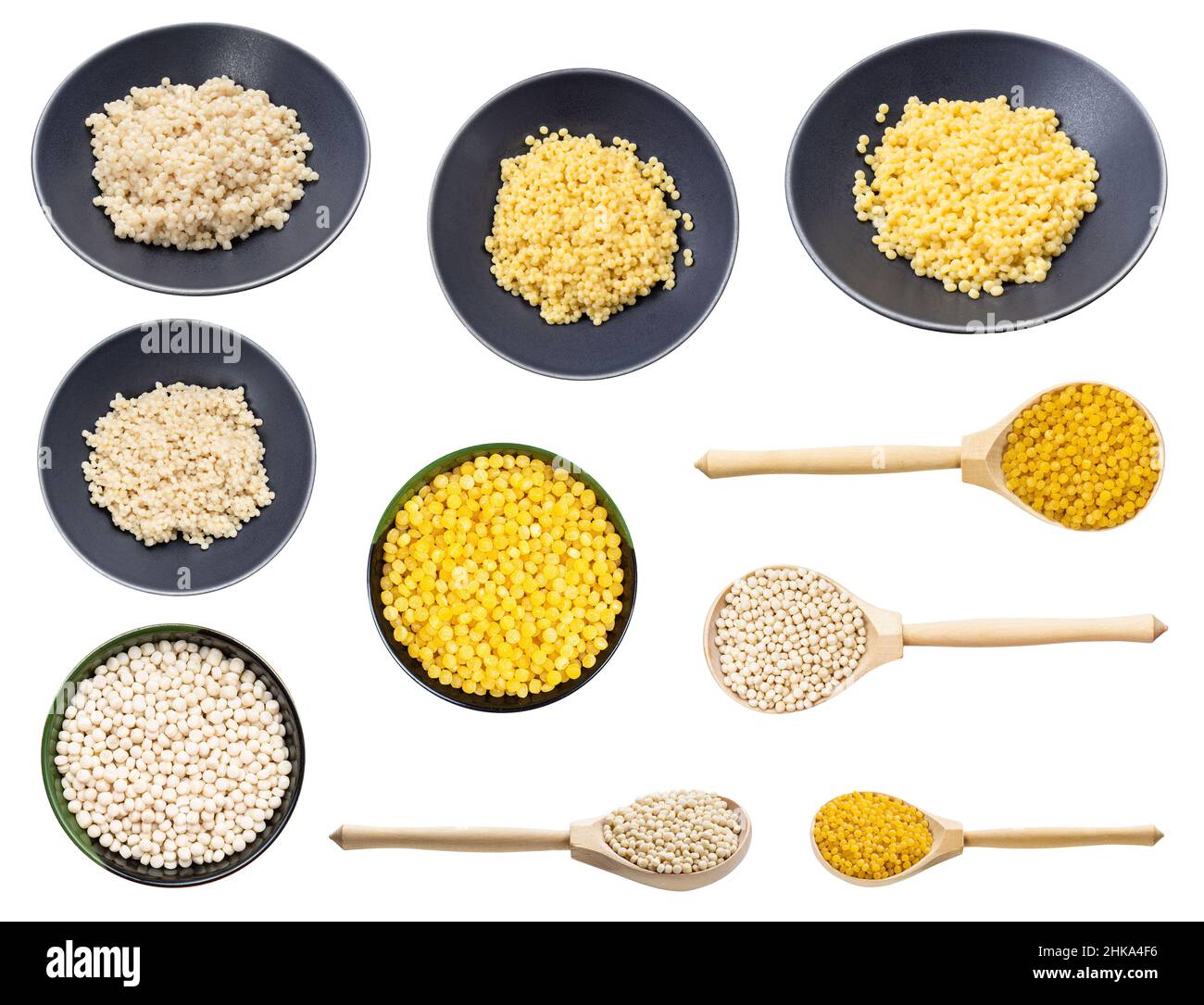 set of various dry and boiled israeli pearl couscous (ptitim) isolated on white background Stock Photo