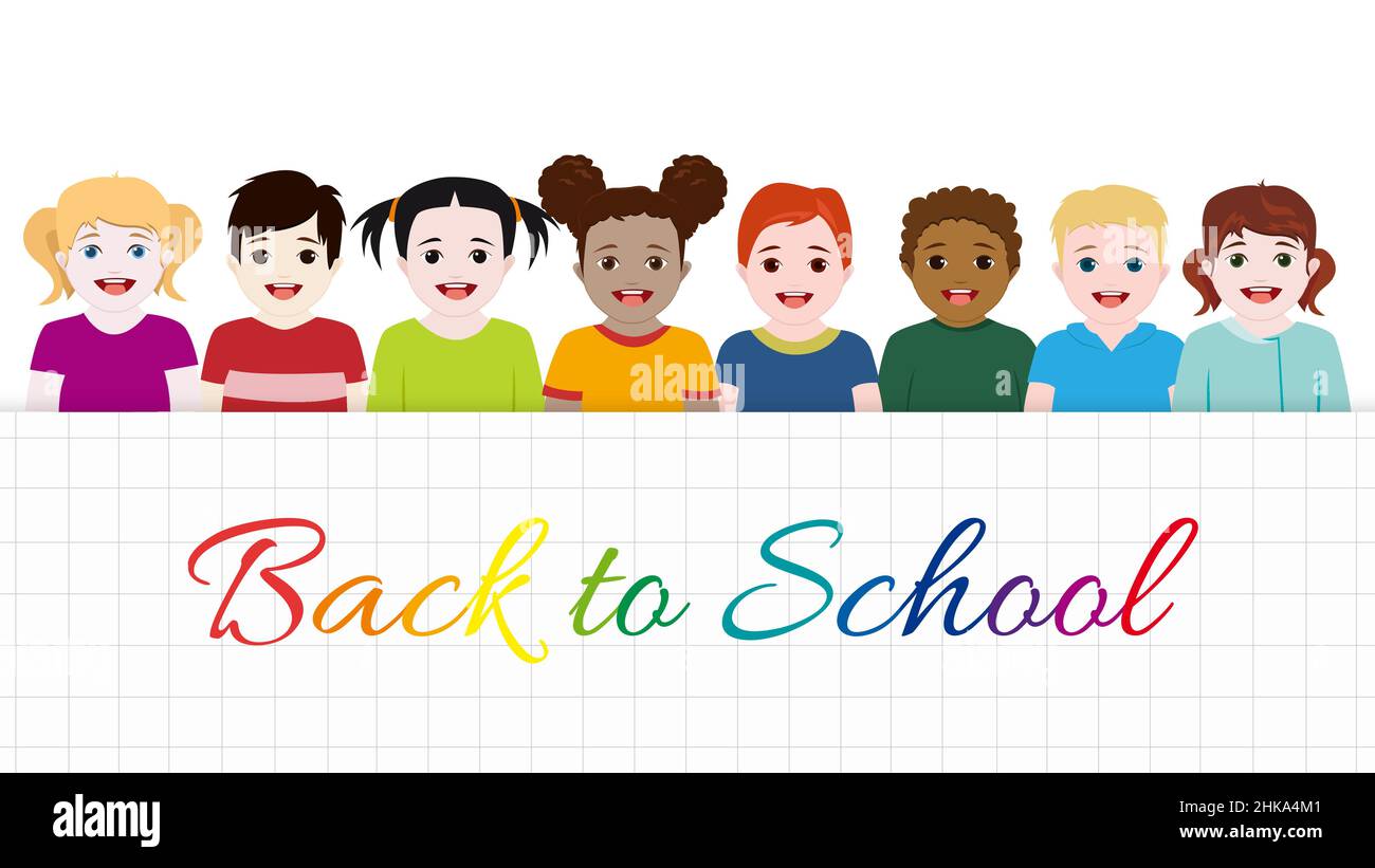 Pupils back to school. Children play hiding behind a wall and then go out happy and smiling. Vector illustration with text Stock Vector