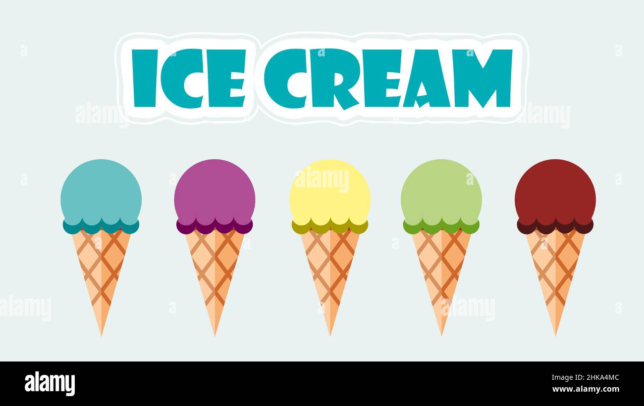 Ice cream balls on cone shaped waffle. Poster for presentation. Vector illustration Stock Vector