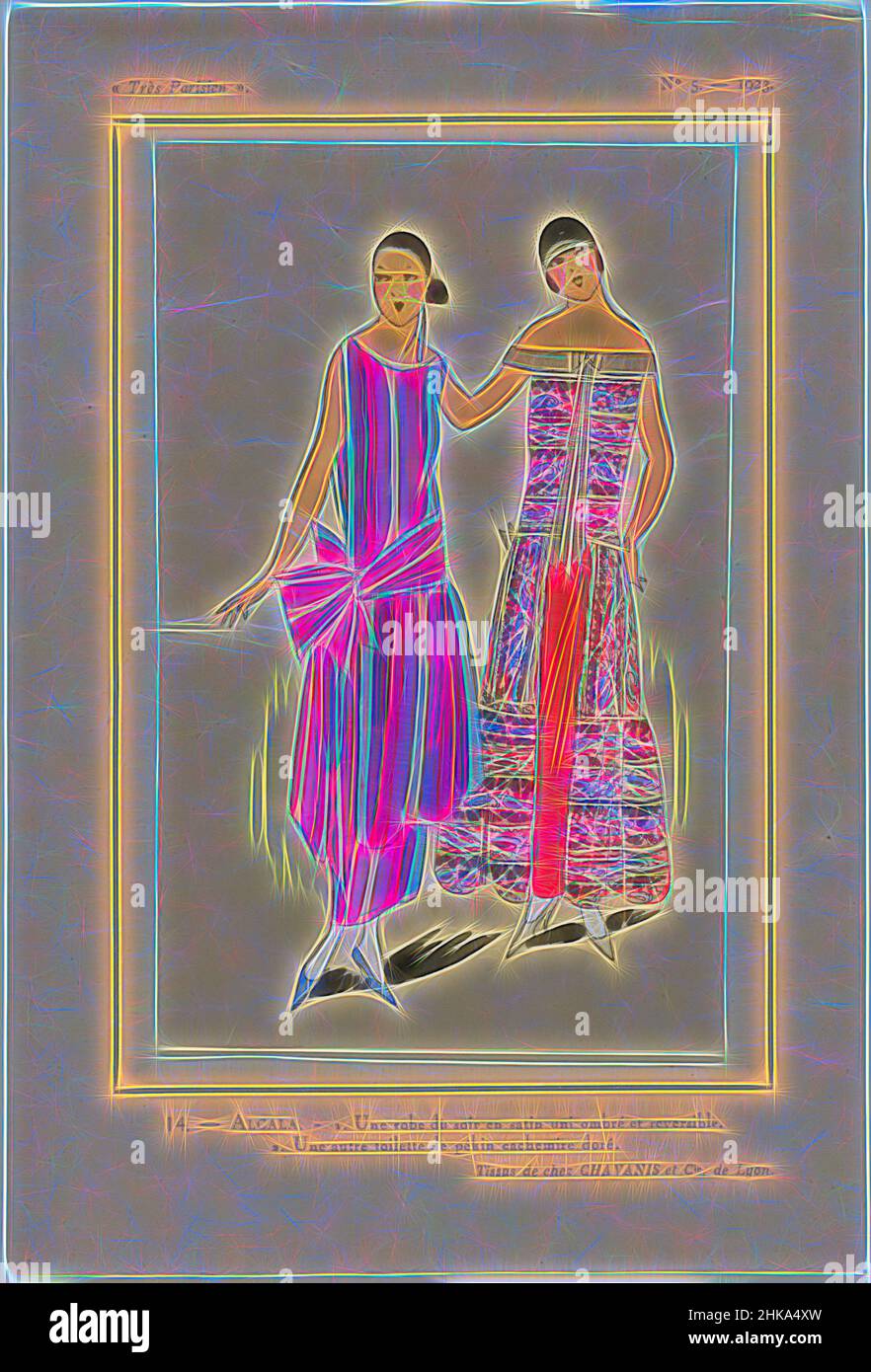 Inspired by Très Parisien, 1923, No 5: 14.- ALCALA. - 1. Une robe du soir..., 1. An evening gown of silk 'uni ombré et reversible' (?). 2. The other toilette is of golden 'pékin cachemire' (cashmere). Fabrics from Chavanis et Cie. Print from the fashion magazine Très Parisien (1920-1936)., print, Reimagined by Artotop. Classic art reinvented with a modern twist. Design of warm cheerful glowing of brightness and light ray radiance. Photography inspired by surrealism and futurism, embracing dynamic energy of modern technology, movement, speed and revolutionize culture Stock Photo