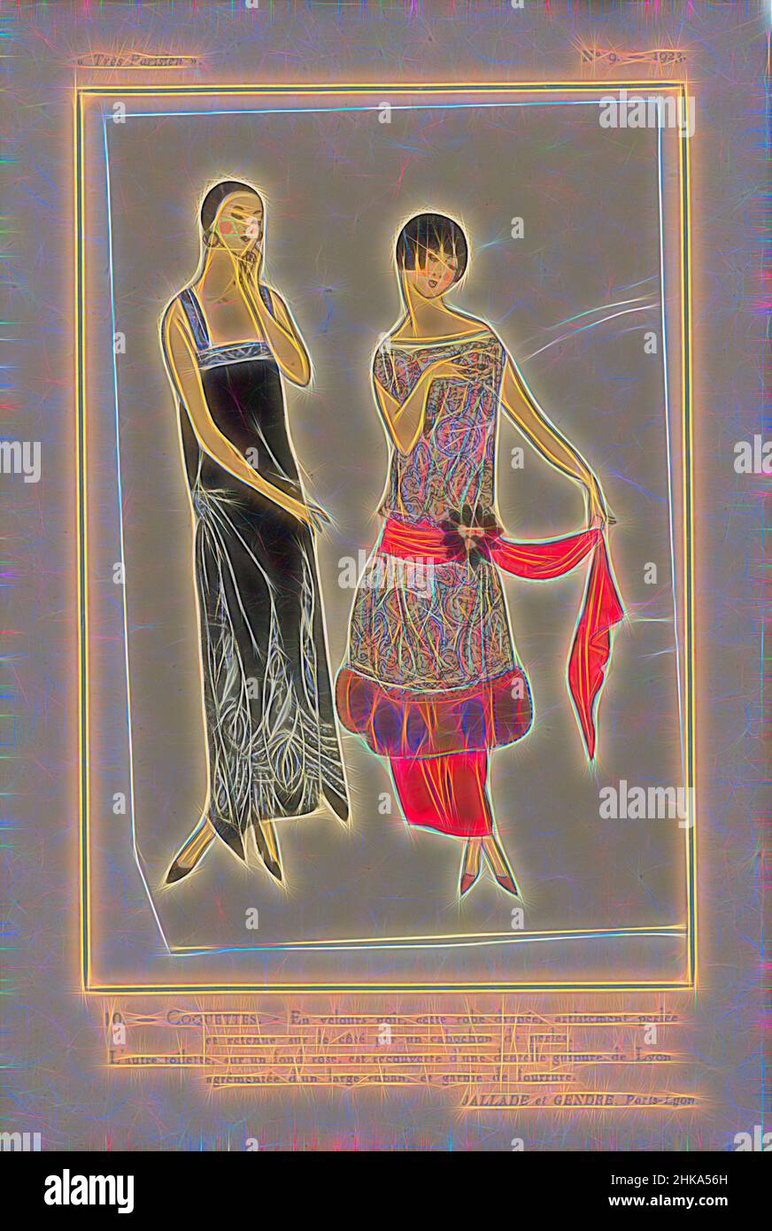 Inspired by Très Parisien, 1923, No 9: 10 - COQUETTES. - En velours noir, cette robe drapée,..., Draped evening dress of black velvet decorated with beads; held up at the side by a 'cabochon de perles'. The other 'toilette', on a pink ground, is overlaid with 'dentelle guipure de Lyon' (lace, Reimagined by Artotop. Classic art reinvented with a modern twist. Design of warm cheerful glowing of brightness and light ray radiance. Photography inspired by surrealism and futurism, embracing dynamic energy of modern technology, movement, speed and revolutionize culture Stock Photo