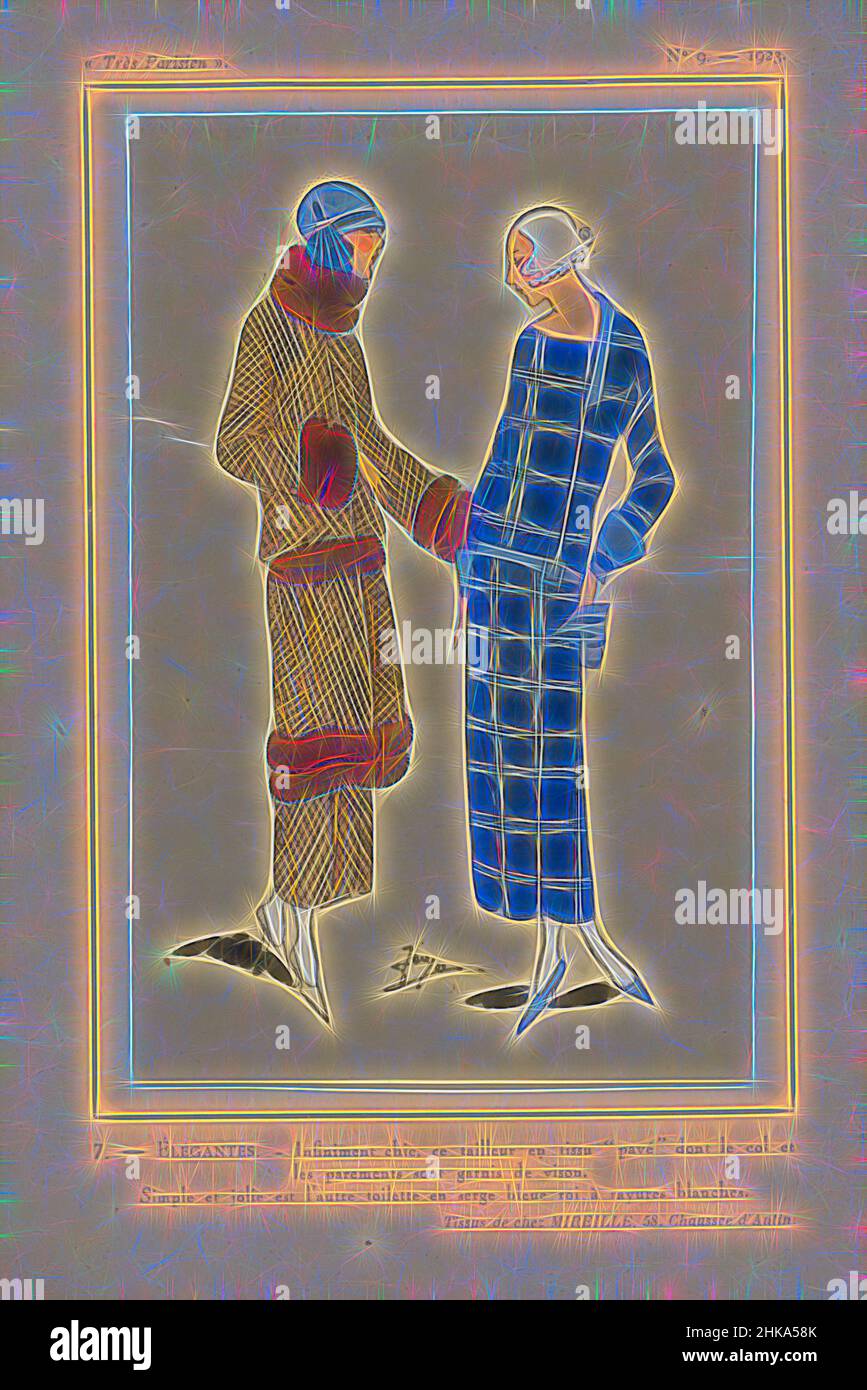 Inspired by Très Parisien, 1923, No 9: 7. - ÉLÉGANTES. - Infiniment chic, ce tailleur..., Tailleur (coat suit) of tissu pavé, the collar and cuffs are decorated with mink. The other toilette is of royal blue serge with white stripes. Fabrics from Mireille. Accessories: cloche (pot hat), pumps. Print, Reimagined by Artotop. Classic art reinvented with a modern twist. Design of warm cheerful glowing of brightness and light ray radiance. Photography inspired by surrealism and futurism, embracing dynamic energy of modern technology, movement, speed and revolutionize culture Stock Photo
