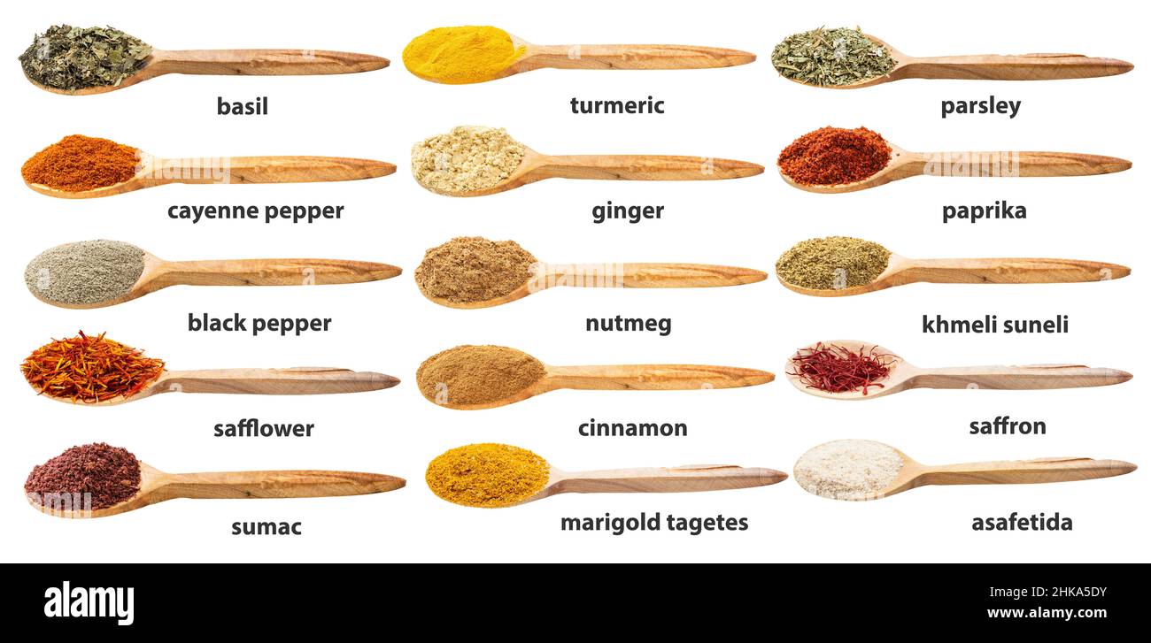 Assortment Of Colorful Spices In The Wooden Spoons On The White