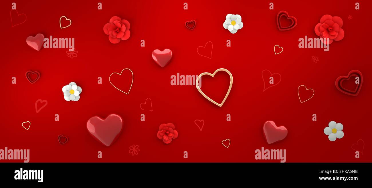 Festive banner with red and gold hearts for Valentine's Day. 3D Render ...