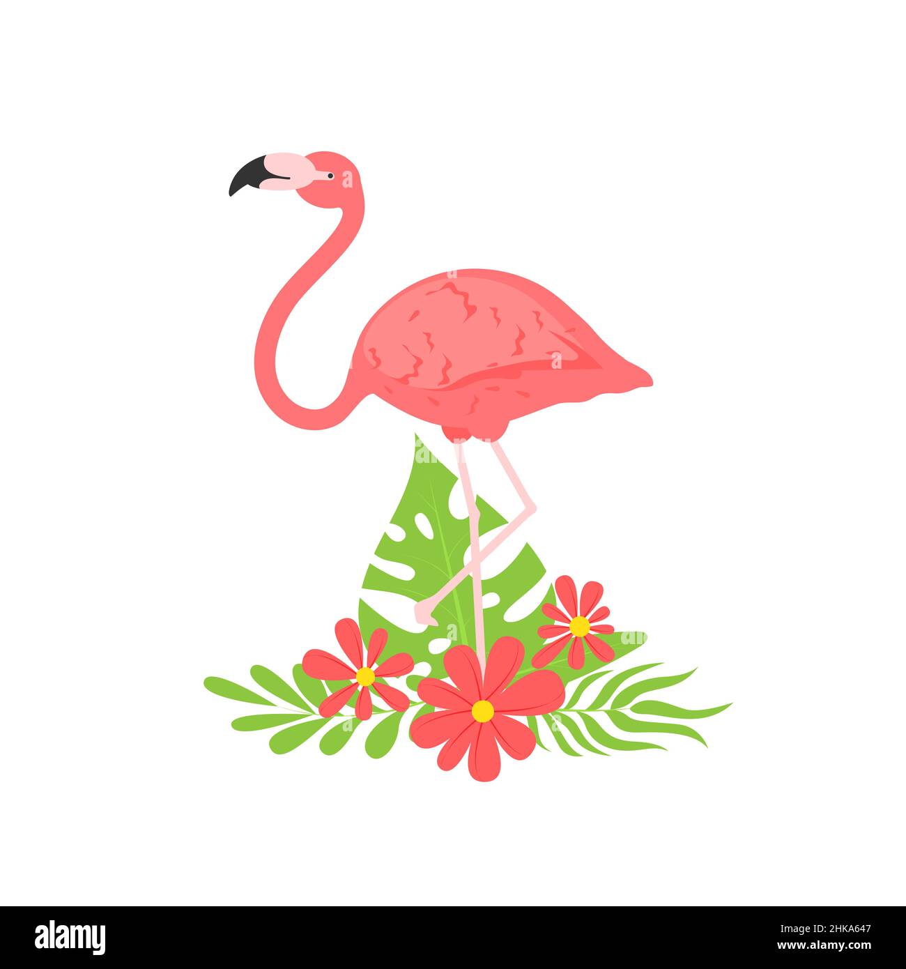 Vector illustration of a pink flamingo. Flamingo African tropical beauty of exotic animals. Sleek design simple. Isolated pink flamingo in flowers Stock Vector