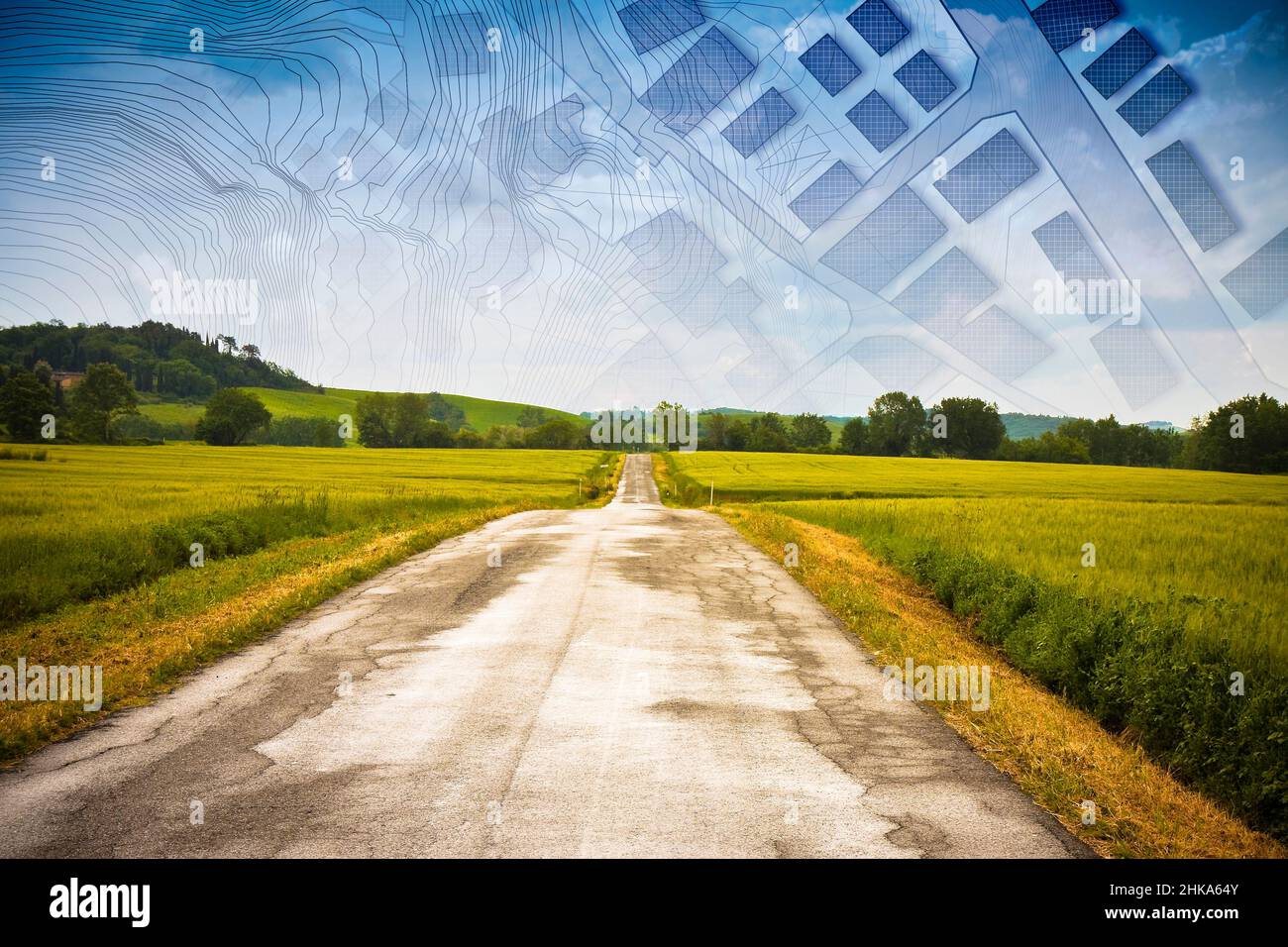 From nature to a new city - concept image with a rural scene that fades ...